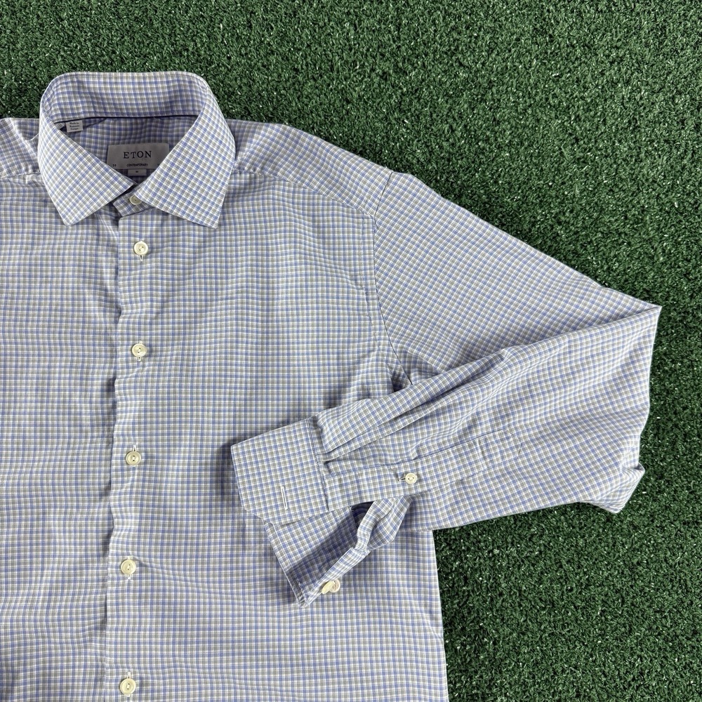 Eton Contemporary Men's Long Sleeve Button Dress Shirt Size 39 15.5 Blue Plaid